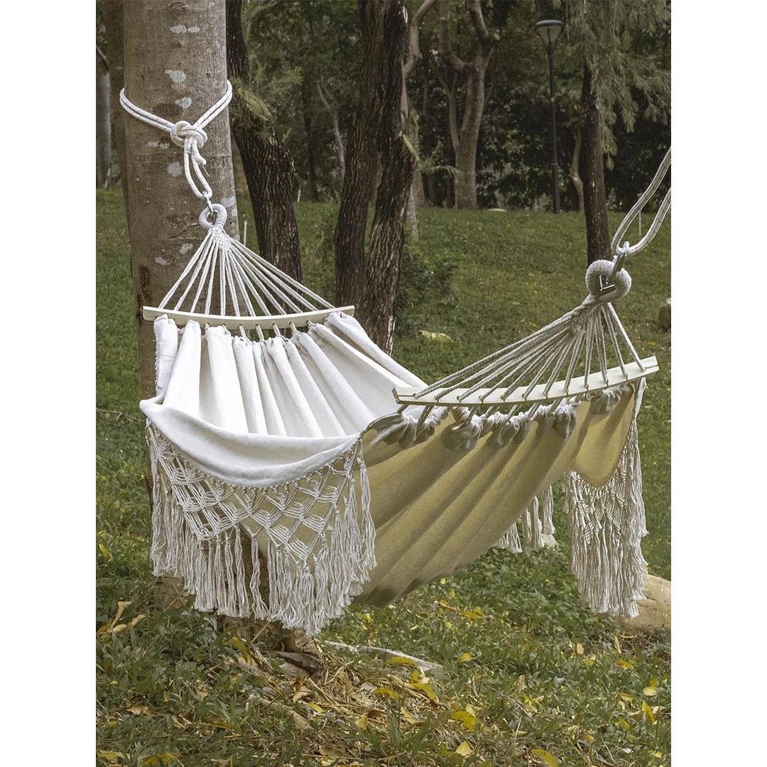 户外吊床单双人露营休闲吊床秋千春游流苏弯棒野营防侧翻帆布吊篮