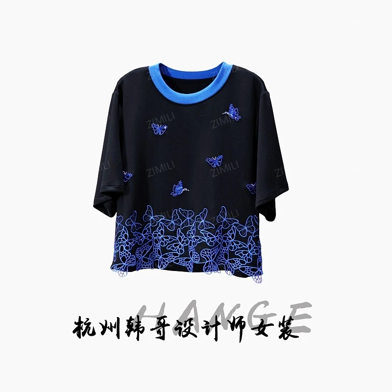 【韩哥女装】2025欧货设计师黑色重工刺绣蕾丝高克重短袖8283-H6