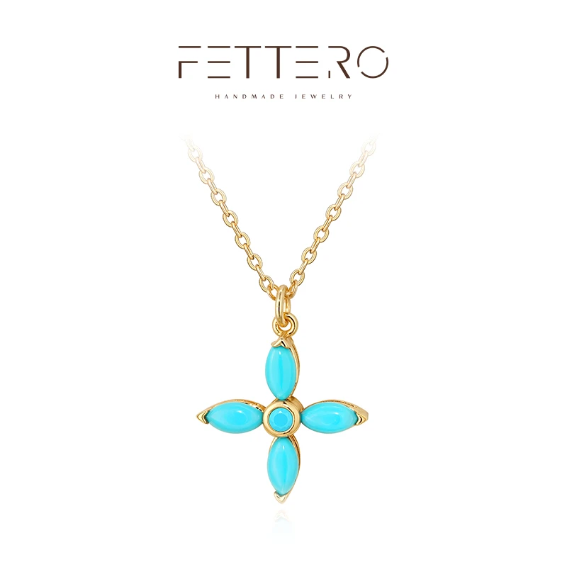 fettero 铜合金项链 【金色松色四叶花项链】蓝色轻奢时尚百搭镶嵌