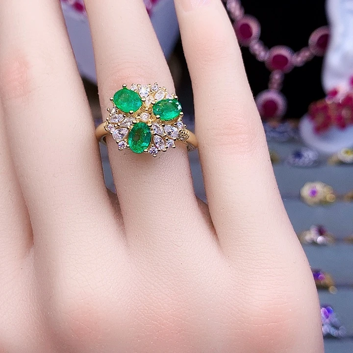 祖母绿戒指银S925镶嵌