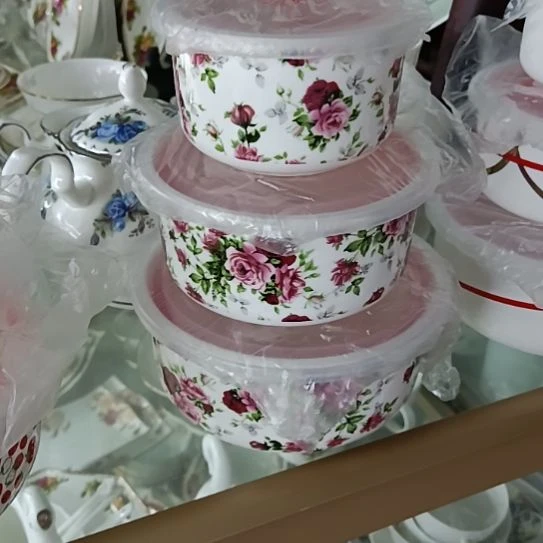 千多玫瑰骨质瓷三件套保鲜碗