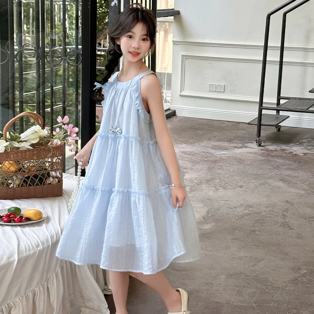 女童夏季连衣裙2025新款5-13岁中大童休闲洋气无袖挂脖裙女宝裙子