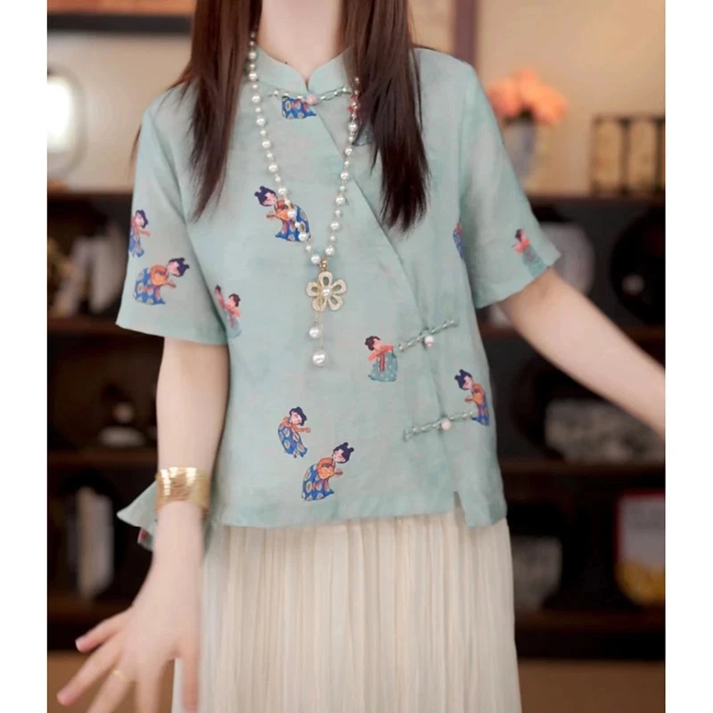 （运费险）新中式中国风小糖人立领盘扣短袖T恤女夏季新款轻薄时尚.