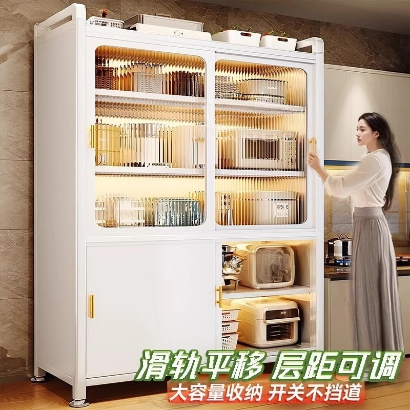 特厚大容量推拉柜门厨房置物架落地多层密封微波炉电器锅具收纳柜