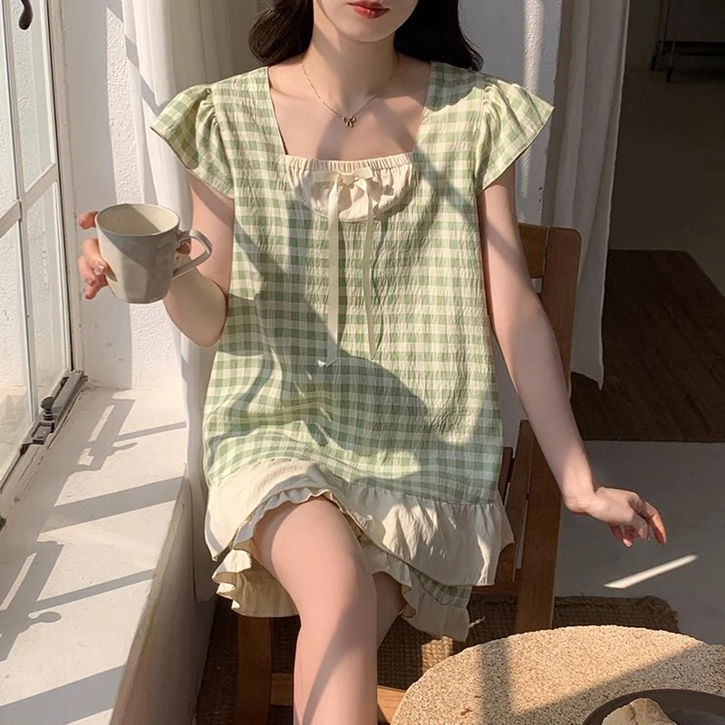 甜美格子吊带睡衣女款夏季2025新款云朵棉花边公主夏天家居服套装
