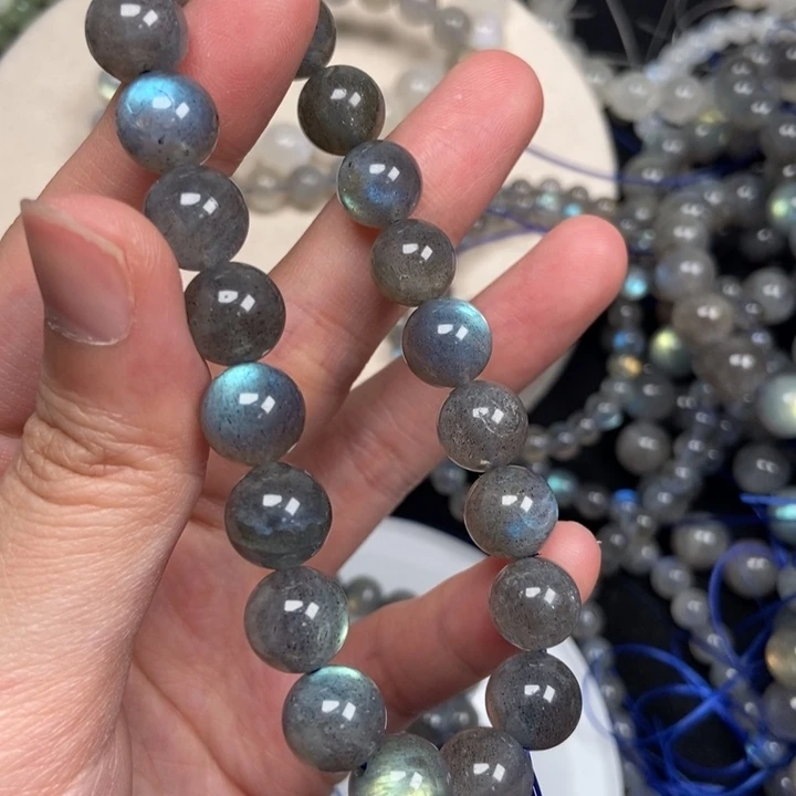 银S925镶嵌手链烟晶拉长石灰月光卡9+ 天然水晶 默认瑕疵
