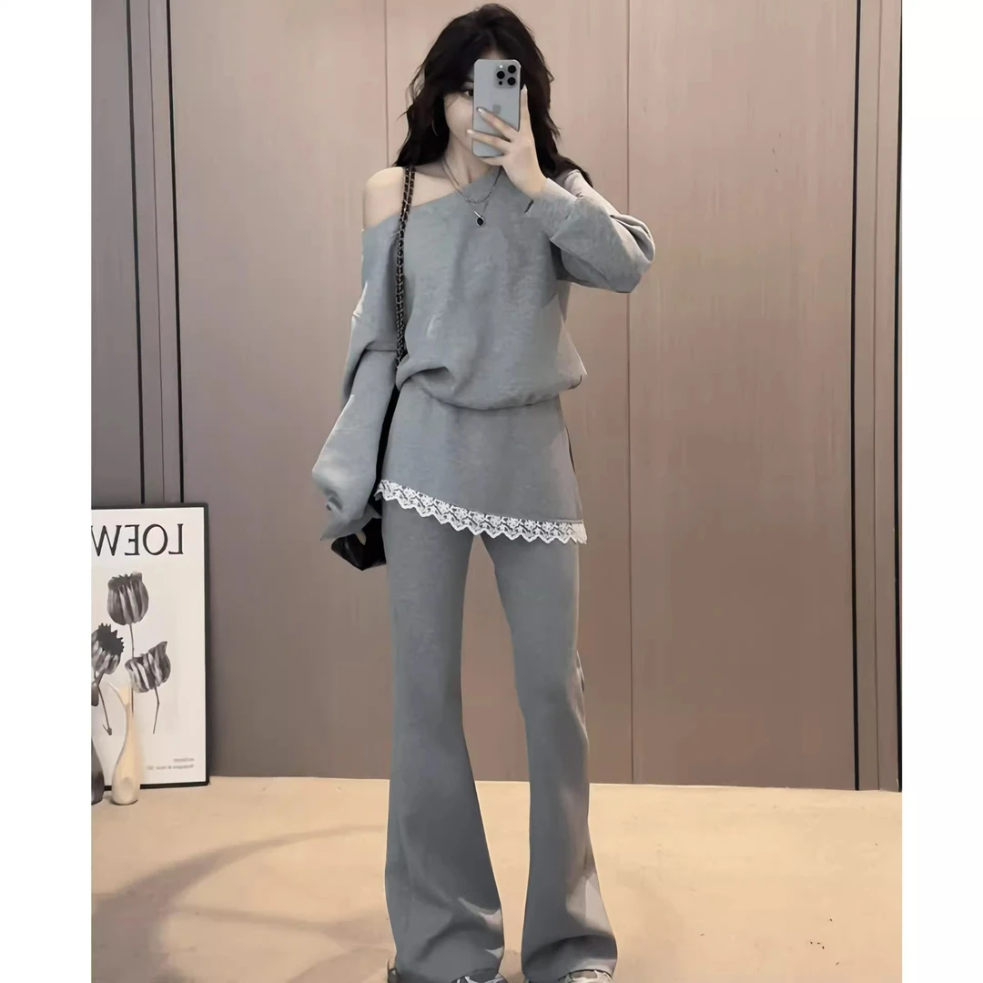韩系时尚运动套装女设计感不规则蕾丝拼接露肩卫衣高腰显瘦阔腿裤