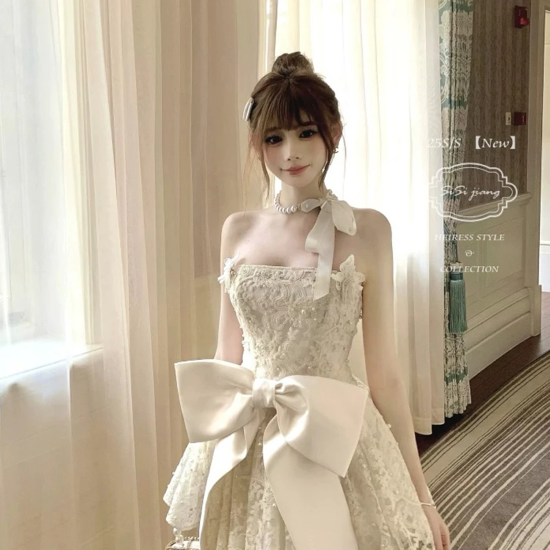 古典芭蕾 抹胸吊带收腰礼服女夏季纯欲白色蕾丝连衣裙生日小礼裙