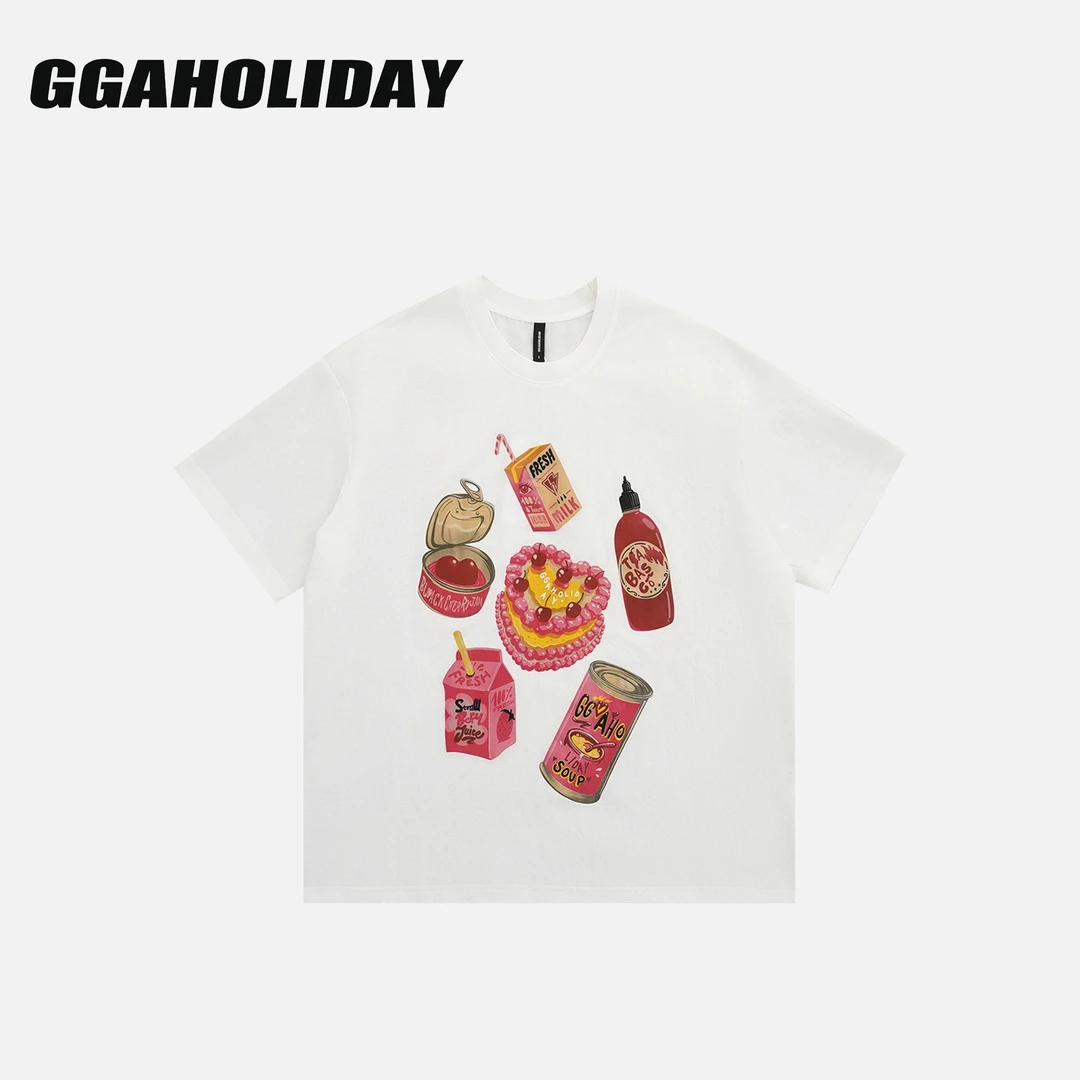 GGAHOLIDAY时尚休闲百搭复古宽松潮流白色趣味印花短袖T恤-153046