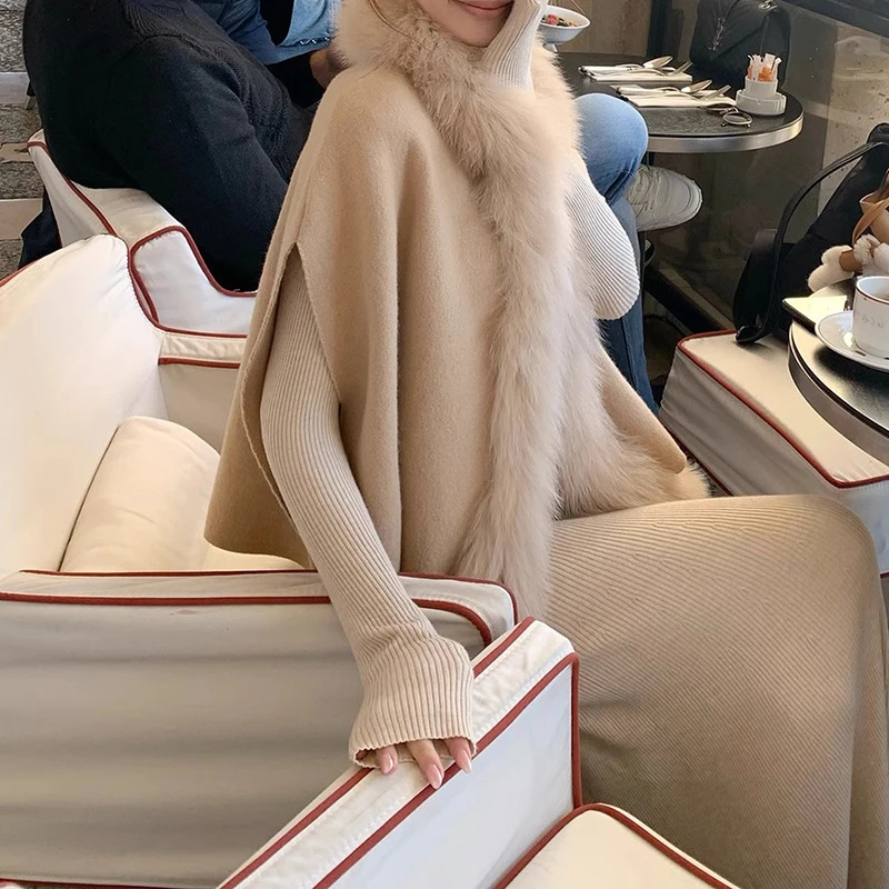 冬日巴尔塞_小富婆狐狸毛领羊毛小斗篷毛衣