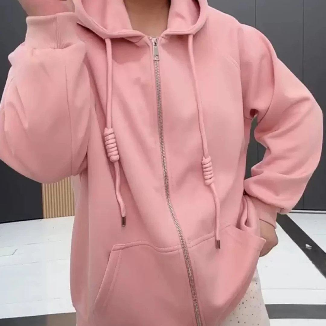 8621简约百搭女减龄加肥加大码纯色连帽拉链口袋卫衣开衫外套宽松