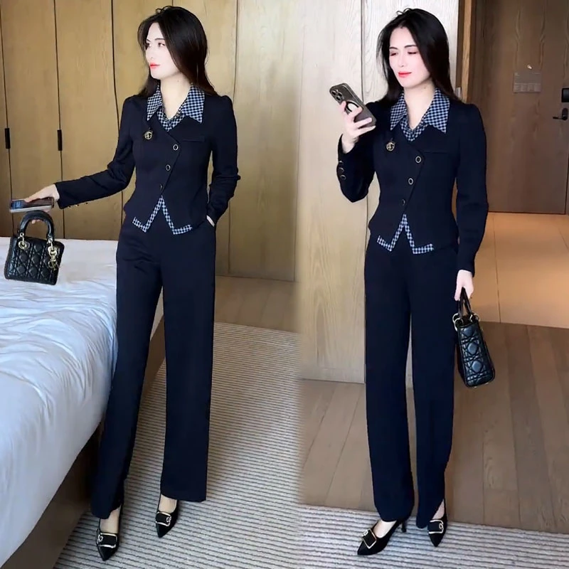 时尚套装女2025秋季新款时髦洋气假两件上衣阔腿裤显瘦气质两件套