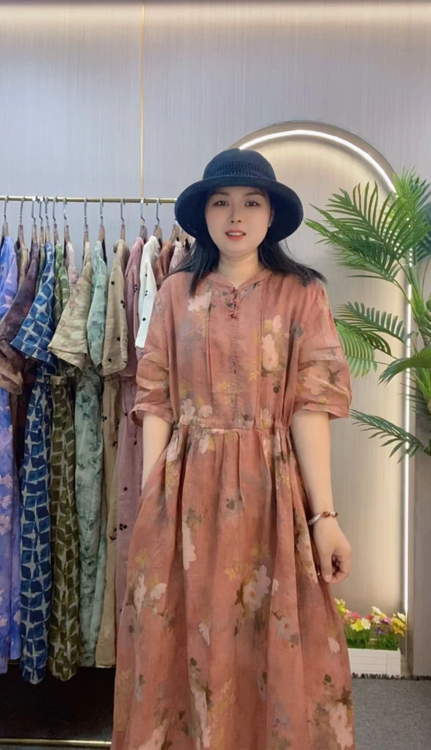 高档细苎麻印花连衣裙女夏新款V领收腰气质显瘦大摆裙中长裙5579