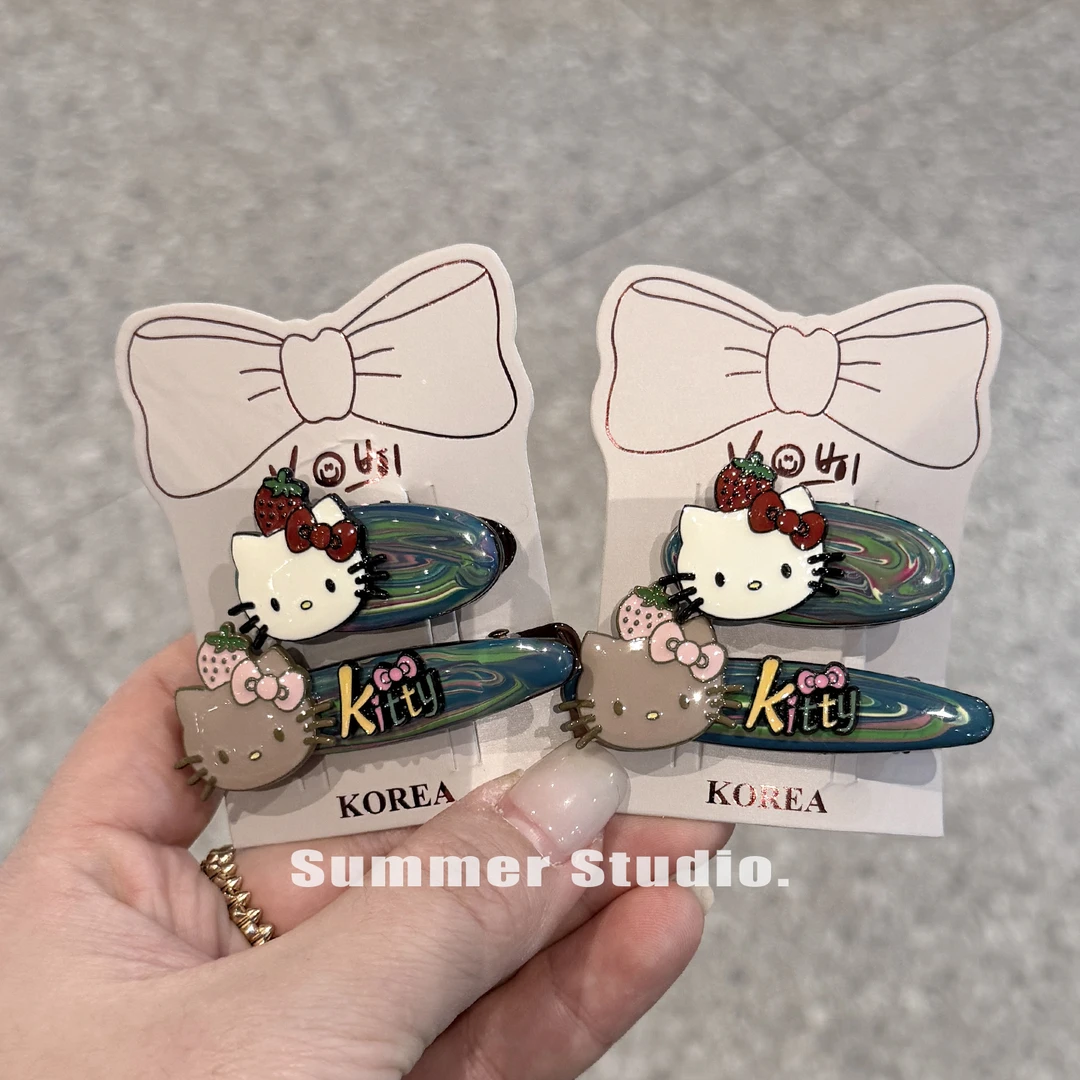 一对装~蓝色晕染KT猫侧边夹发夹 精致碎发刘海夹 前额鸭嘴夹