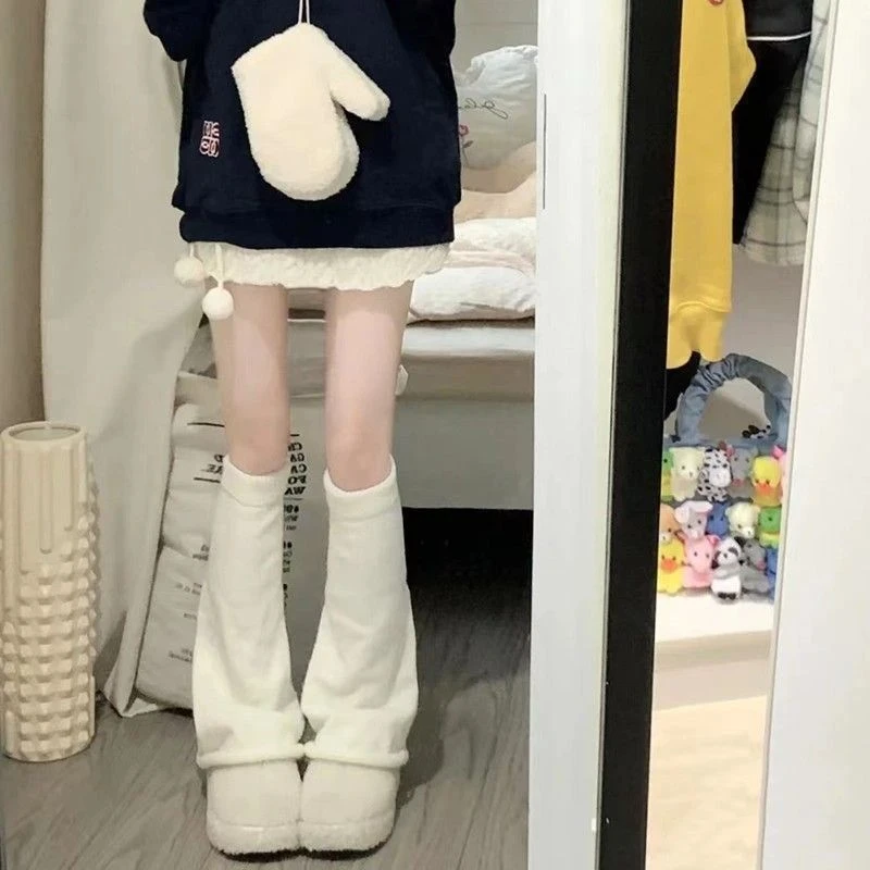 jk针织袜套女原宿风y2k辣妹阔腿套护膝秋冬保暖中筒白色堆堆袜子