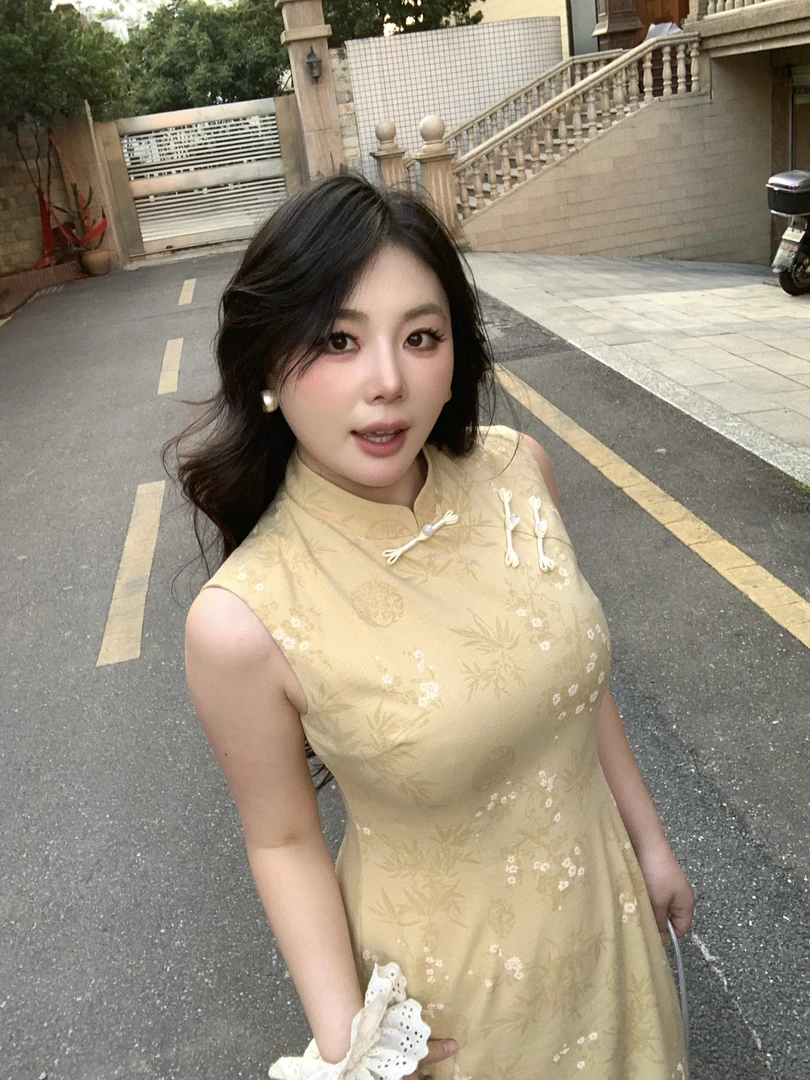 【大小姐】现货“清酒山茶”新中式改良黄色印花显瘦气质复古印花旗袍