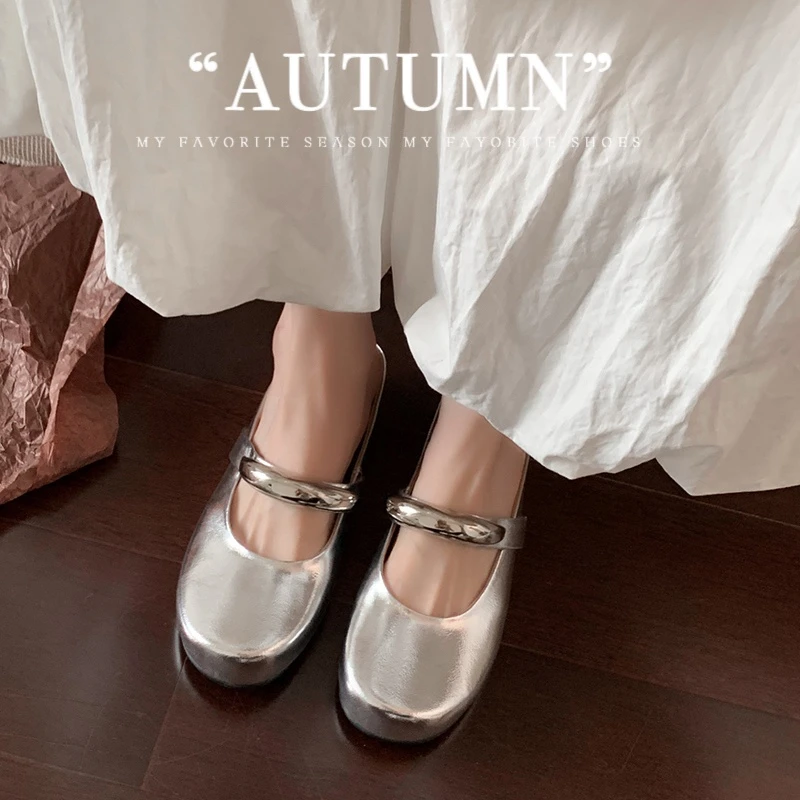 银色包头半拖鞋女内增高厚底真皮小个子真皮金色凉拖鞋女玛丽珍