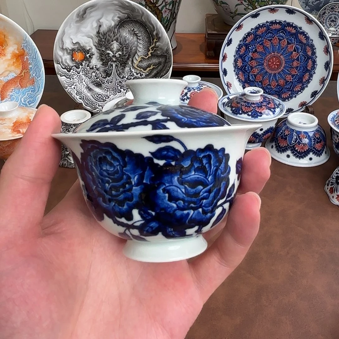 仿明牡丹花元宝盖碗