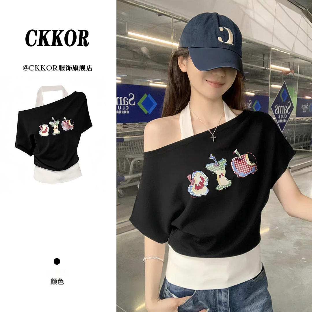 CKKOR夏季新款潮流挂脖短袖t恤女显瘦上衣时尚百搭修身气质设计感