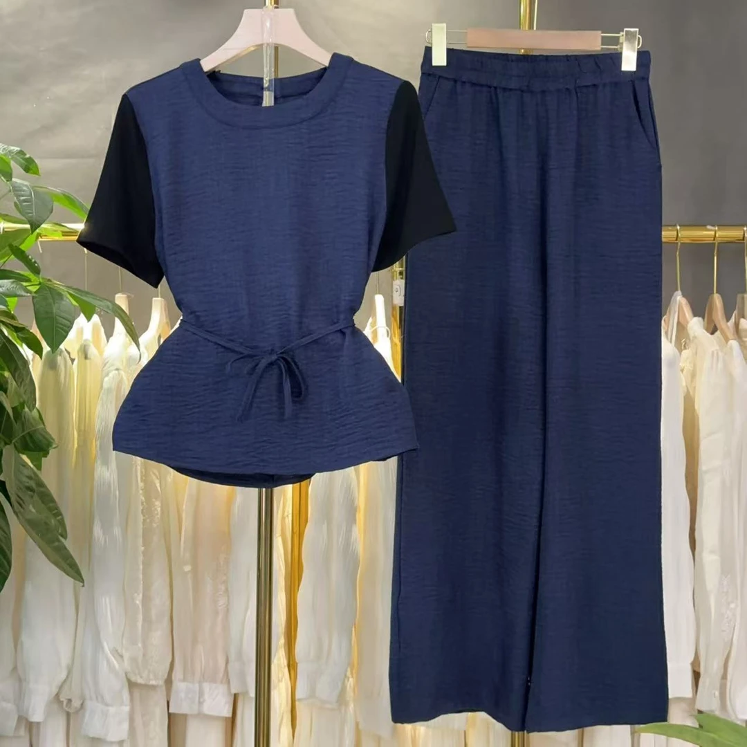 【两件套】时尚套装2025夏季新款休闲减龄上衣+阔腿裤套装M576
