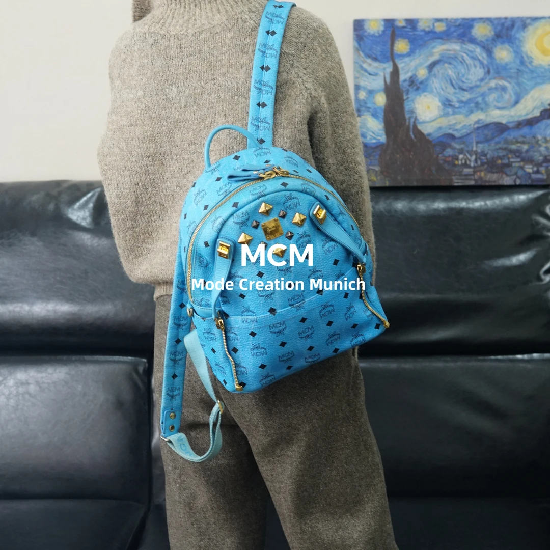 95新 MCM 蓝色双肩包/FYWJ12605021/5021