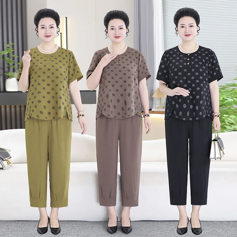 大码洋气中老年套装女夏季新款妈妈装薄款休闲短袖两件套宽松2575