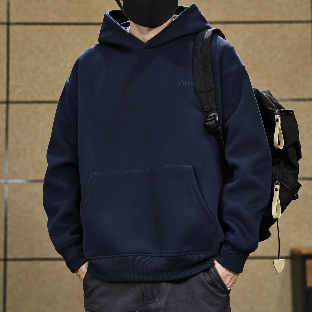 美式纯色重磅简约刺绣连帽卫衣男春秋季新款复古休闲男士上衣外套