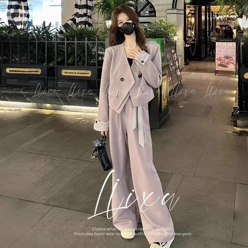 时尚西装套装女士春秋新款蕾丝拼接小西服高腰长裤韩系穿搭两件套