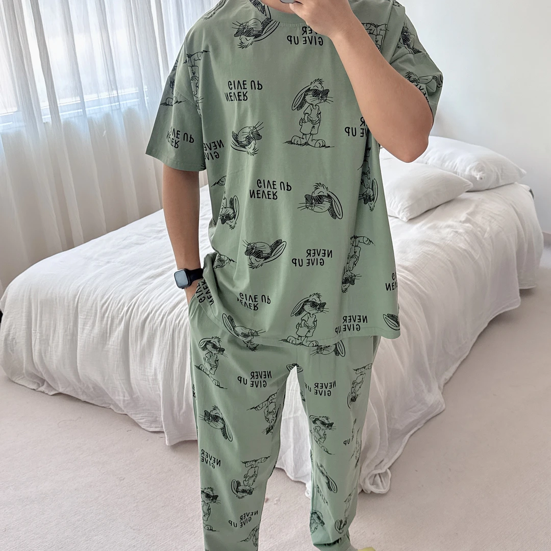 长裤短袖薄款圆领夏季男士睡衣套装大码舒适家居服满印休闲两件套