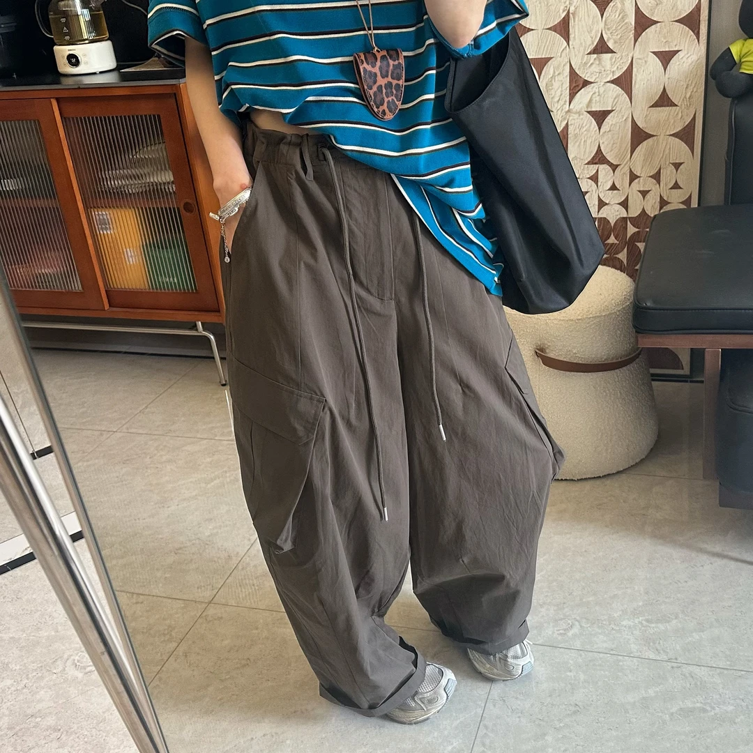 qiqi/琦琦推荐 韩版时尚洋气宽松调节腰大口袋工装裤阔腿裤百搭