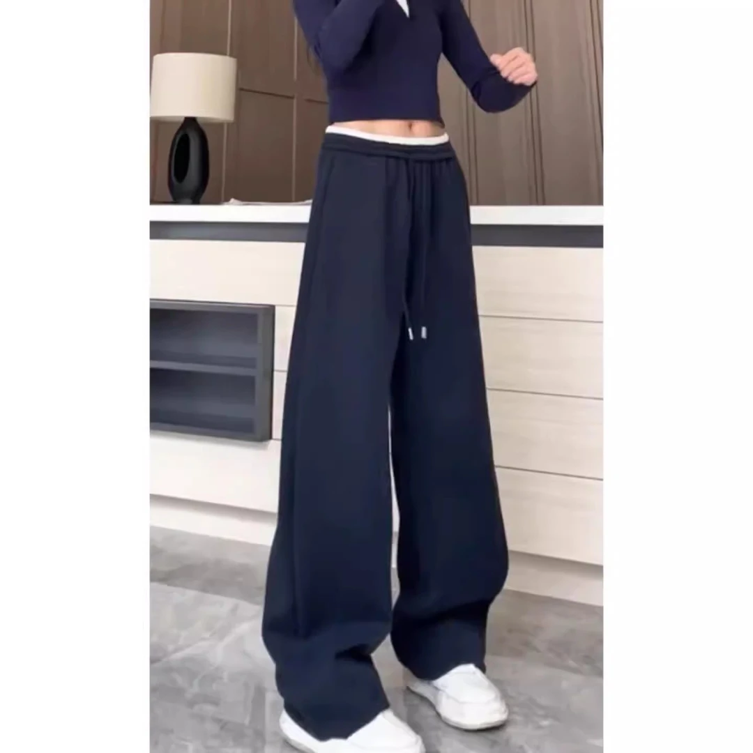 芯娇晴韩版藏蓝色拼接镰刀卫裤抽绳运动休闲弯刀裤子女早春季新款