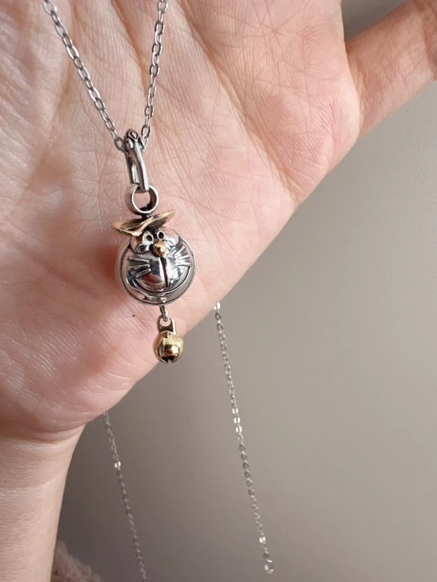 吊坠925银 韩版厂个性小众复古做旧撞色机器猫银吊坠