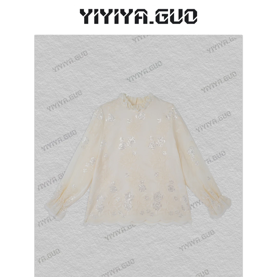 yiyiya.Guo艺艺吖【微光记忆】刺绣亮片花边领长袖上衣25SS0250