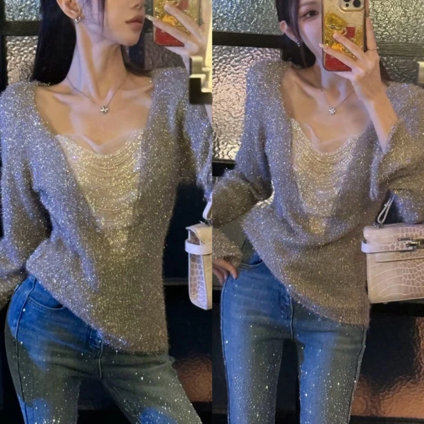 （浠儿家）星落 设计感时尚秋冬银线链条针织上衣