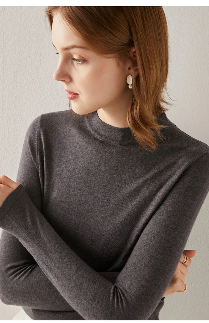 【美丽诺羊毛】针织打底衫薄款百搭上衣女 （灰） 高大 KC1993