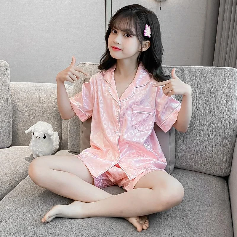 FAVMARTHA女童睡衣夏季冰丝短袖短裤儿童女孩夏款中大童薄款夏天