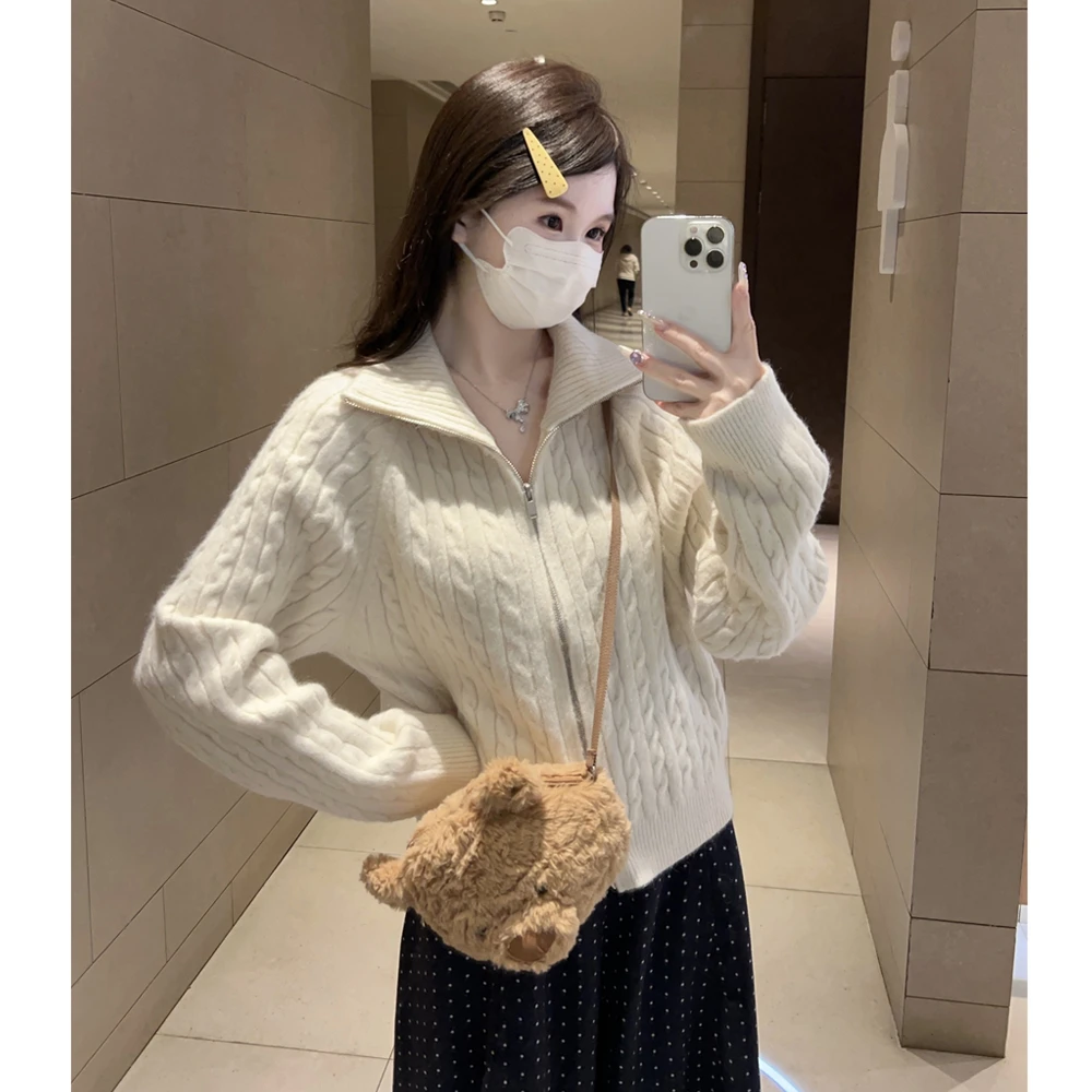 韩系麻花拉链毛衣外套女秋冬宽松针织开衫慵懒风穿搭翻领外穿上衣