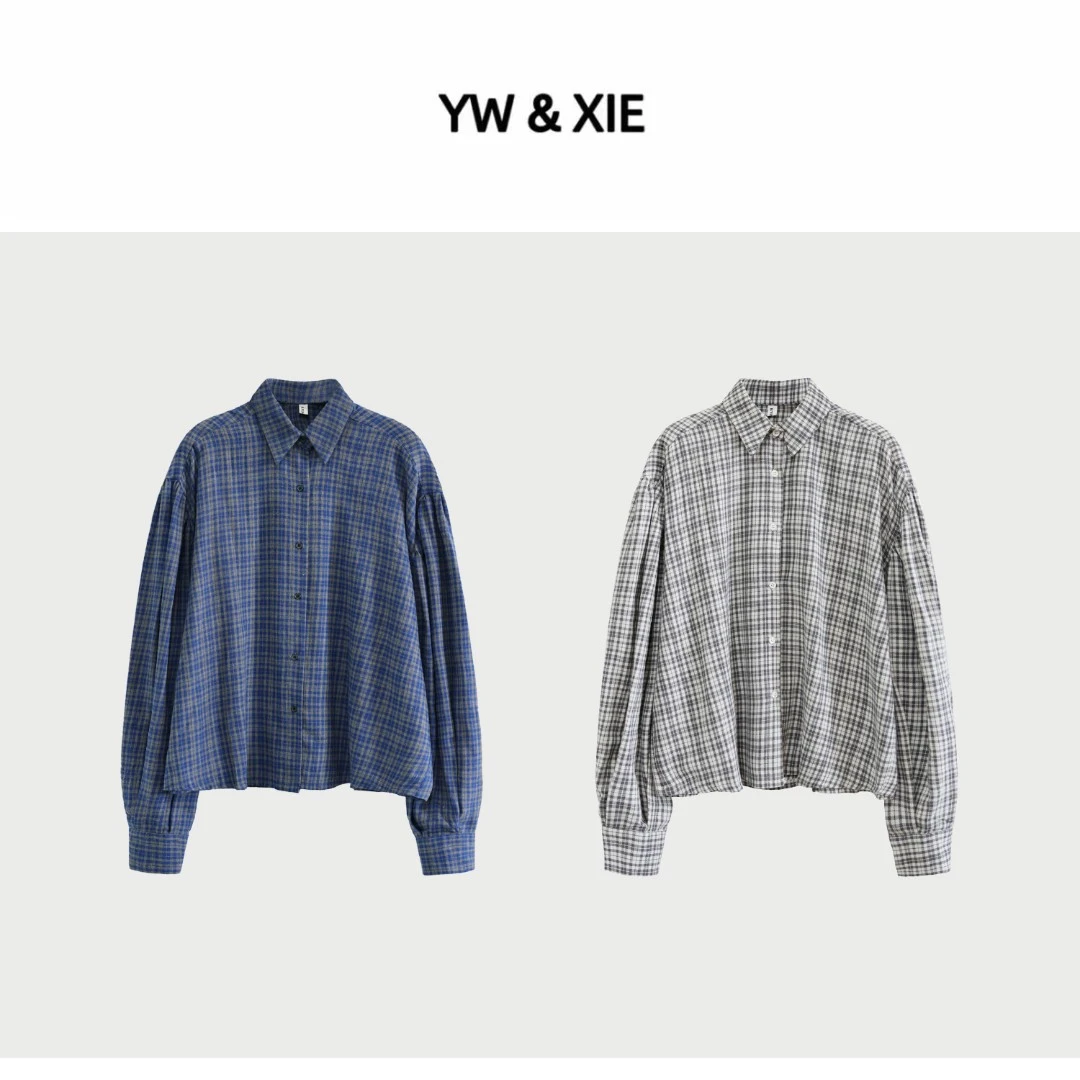 YW&XIE<06>格子宽松米奇衬衫复古长袖短款衬衫泡泡袖