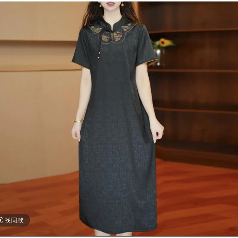 3505 新中式高品质花罗时尚直筒气质国风连衣裙