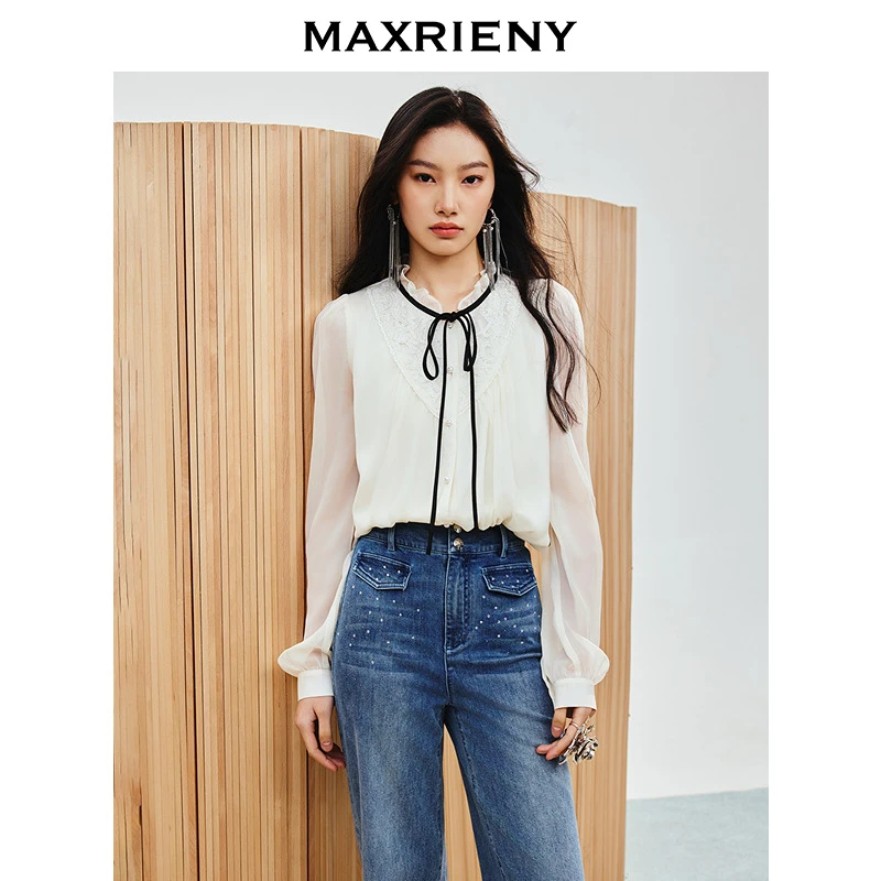 MAXRIENY法式绣花领蝴蝶结系带衬衫修身显瘦上衣女鬼马甜心衬衫
