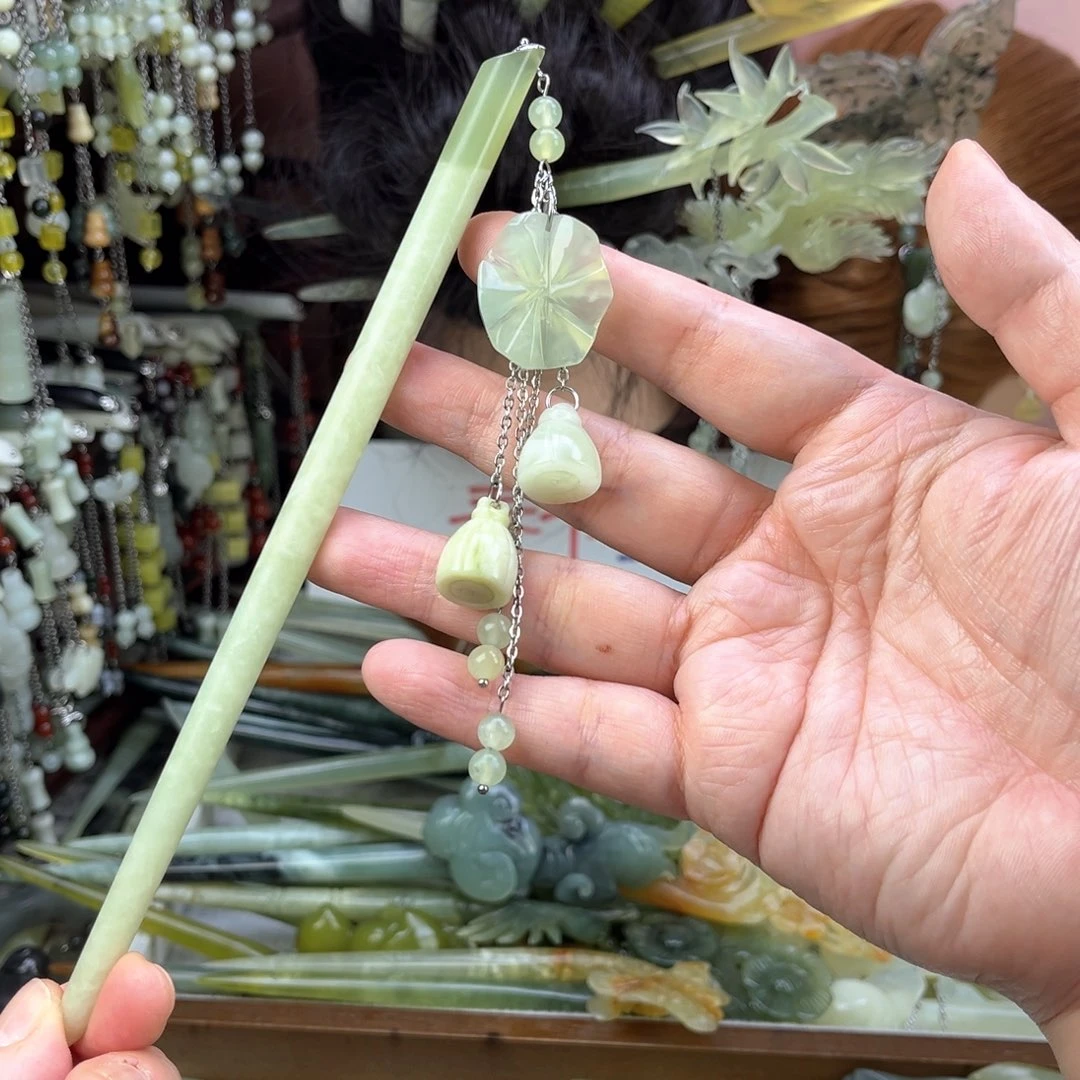 蛇纹石玉发饰未镶嵌长度19厘米左右