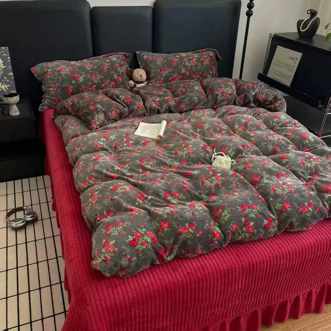 秋冬加绒四件套牛奶绒双面法式加厚安可拉红床盖奢华床品2025新款