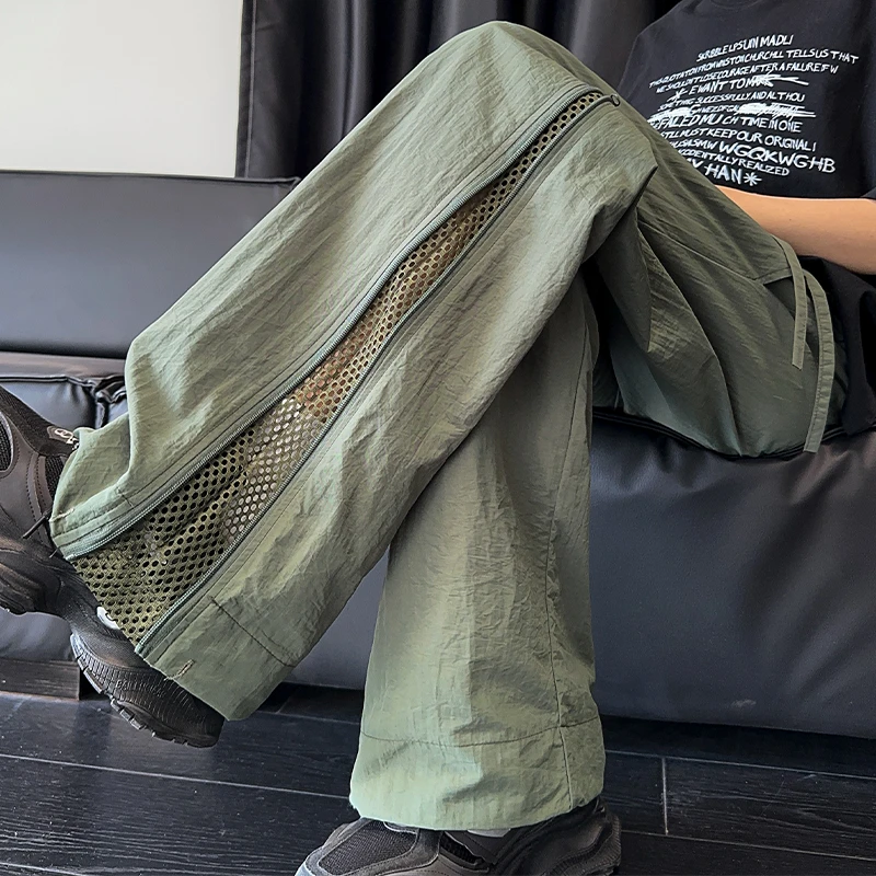 侧拉链速干裤子男士夏季薄款潮牌宽松阔腿裤设计感美式直筒休闲裤