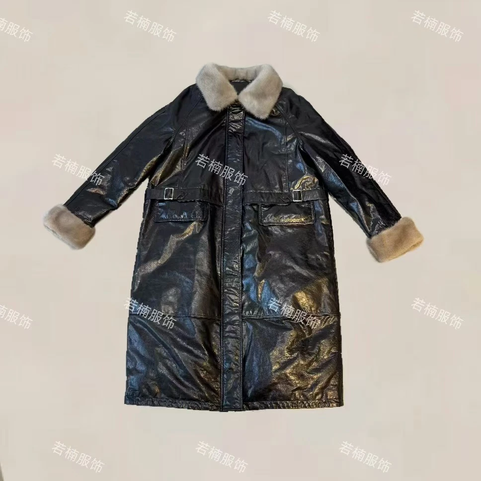 【若楠服饰】时尚保暖长款加绒潮流女士皮衣外套-25977