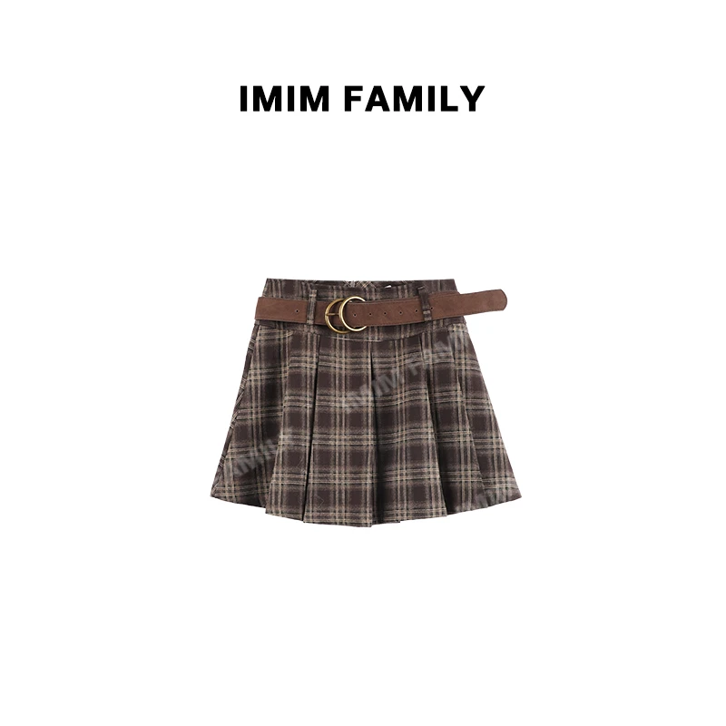 “慵懒茶咖”韩系复古格纹高腰A字裙秋季时尚百褶裙短裙