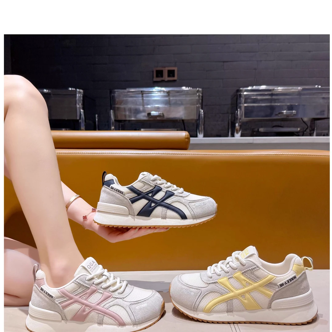 2025年网面鞋系带休闲风圆头双拼色时尚休闲鞋女鞋百搭透气海妖风