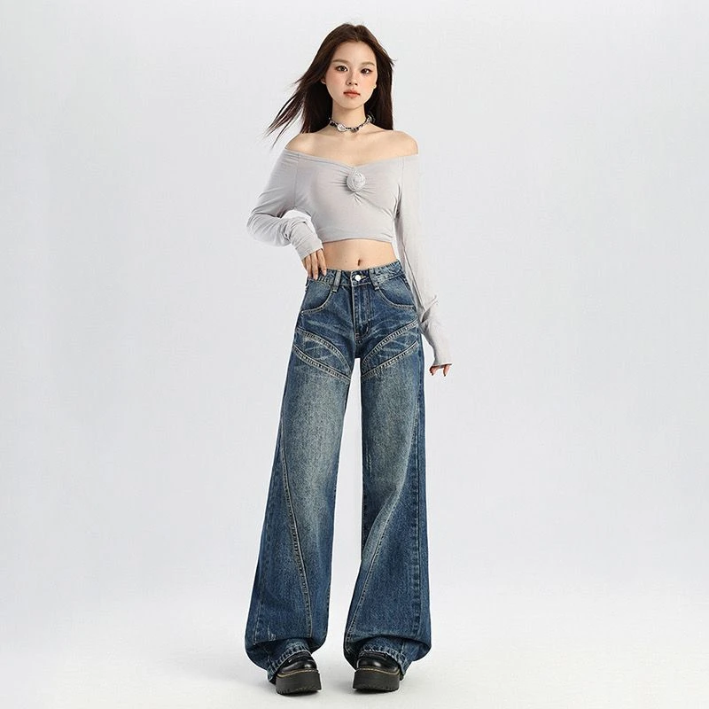 2025夏季新款美式复古水洗高腰阔腿牛仔裤女宽松显瘦百搭垂感长裤