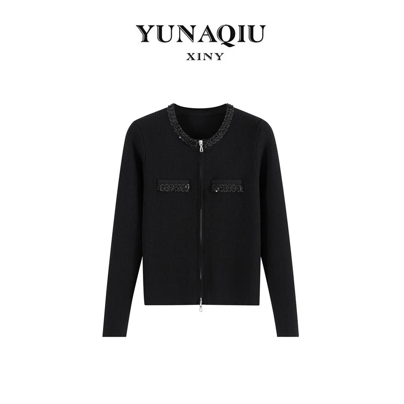 春秋双拉链黑色长袖针织开衫气质立体轻奢秋季显瘦女百搭修身D680