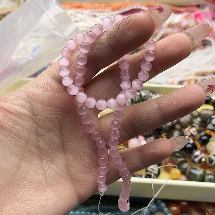 玛瑙/玉髓珠宝半成品未镶嵌一条6mm左右粉猫眼石