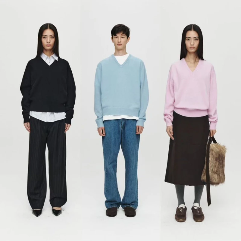 【HEUTE】25秋冬 F5KNOO3BL/PK/BK 韩国设计师V领长袖毛针织上衣